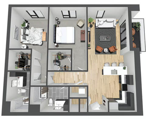 A 3D floor plan of a house with a kitchen, living room, and bedrooms.